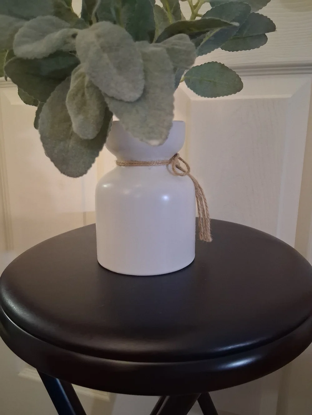 Ceramic White Vase with Natural Jute Accent and Green Faux Foliage